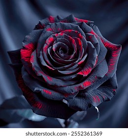 An enchanting black rose with velvety petals edged in fiery red highlights, exuding an aura of mystery and allure. The intricate petal structure is illuminated with soft, focused lighting, accentuatin