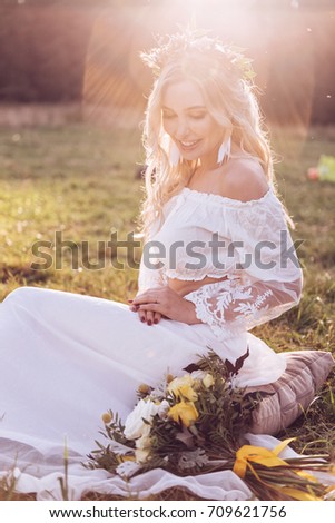 Similar – Foto Bild Eine junge blonde Boho-Frau und ein junger Mann mit einem Hirsch.