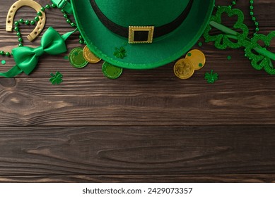 Enchanting St. Patrick's day top view composition, displaying clovers, elf's cap, treasure coins, celebration spectacles, bow tie, horseshoe, strands arranged on wooden backdrop with space for wording - Powered by Shutterstock