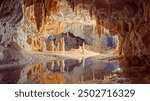 Enchanting Underground Cave with Stalactites Reflecting in a Still Pool