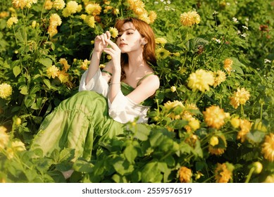 Enchanting Woman in Green Dress Sitting Among Vibrant Yellow Flowers in a Sunlit Garden – Dreamy Outdoor Portrait with Floral Elegance. - Powered by Shutterstock