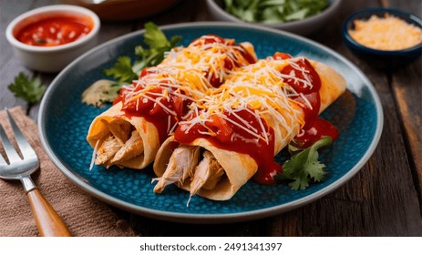 Enchiladas de Pollo: Corn tortillas filled with shredded chicken, topped with a tomato or chili sauce and cheese.
 - Powered by Shutterstock