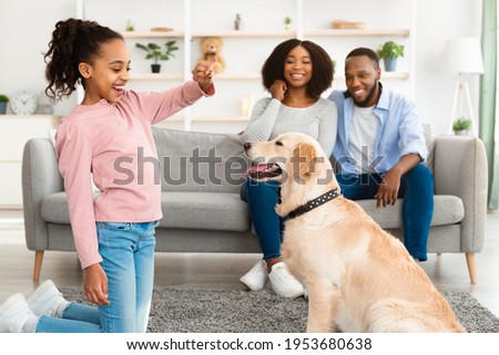 Encouragement Concept. Portrait of smiling African American girl playing with dog, feeding golden retriever with treats, training pet at home in living room, parents sitting on sofa, selective focus