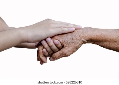 Encouragement Old And Young Hands Isolated On White Background,include Clipping Path.