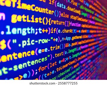 Encrypted data. Code background. Pixelated data stream on digital interface with binary code, encryption concept, and glowing dots. Blue software developer background. Sequencing the genome.
