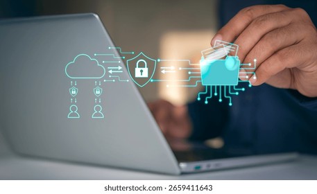 Encrypted file transfer, Data protection, Zero trust storage, Secure document sharing, Digital storage, Cloud folder access, Remote file management, Businessman upload data for team file sharing
