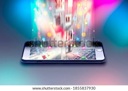 Encrypted mobile data from a smartphone 5G steaming service Creative abstract mobile internet web communication security and safety business commercial concept black glossy touchscreen smart phone app