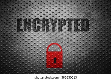 Encrypted text and red lock over metal background