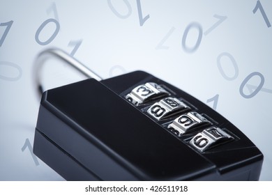 Encryption concept image. Lock on falling numbers background