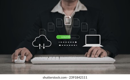 Encryption with file transfer concept : Business man use laptop for remote and download or upload folder document picture by internet connection with full access to remote files..	