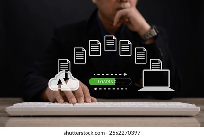 Encryption with file transfer concept : Business man use laptop for remote and download or upload folder document picture by internet connection with full access to remote files..	
