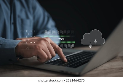 Encryption with file transfer concept : Business man use laptop for remote and download or upload folder document picture by internet connection with full access to remote files..