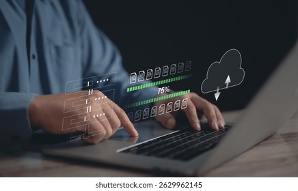 Encryption with file transfer concept : Business man use laptop for remote and download or upload folder document picture by internet connection with full access to remote files..	
