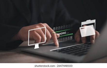 Encryption with file transfer concept : Business man use laptop for remote and download or upload folder document picture by internet connection with full access to remote files..	 - Powered by Shutterstock - Get 15% off with code: PIKWIZARD15