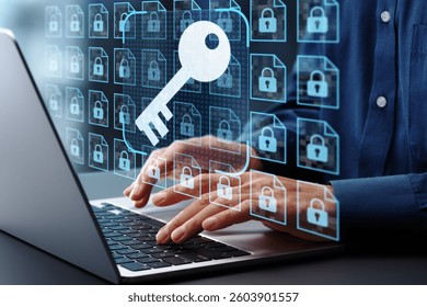 Encryption key management and secure document storage system. File data encryption and access control. Businessman using laptop computer.