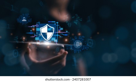 Encryption with a padlock icon on the virtual interface. In global network security technology, business people protect personal information. cybersecurity concept 