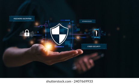 Encryption with a padlock icon on the virtual interface. In global network security technology, business people protect personal information. cybersecurity concept 
