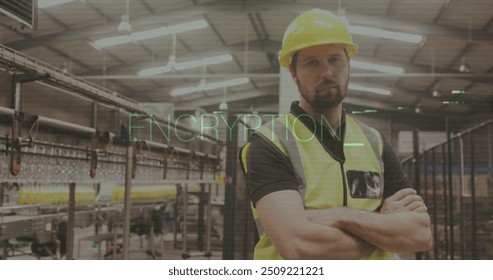 Encryption text image over factory worker in safety gear crossing arms. Industrial, cybersecurity, technology, protective gear, encrypted, 3D - Powered by Shutterstock