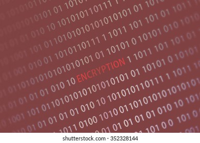 'Encryption' word in the middle of the computer screen surrounded by numbers zero and one. Image is taken in a small angle. Image has a vintage effect applied.