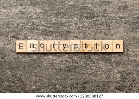 encryption word written on wood block. encryption text on table, concept.