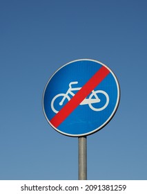 End Of Bike Lane (aka Cycle Lane) Traffic Sign Over Blue Sky