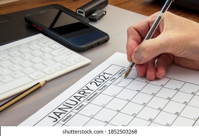 End Of The Brexit Transition Period Being Written Onto January 2021 Calendar Page. High Quality Photo