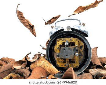 End of daylight saving time in fall, winter time changeover. Photo of an old clockwork isolated on a white background with dried leaves around it. Alarm clock machine