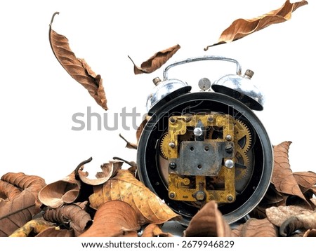 End of daylight saving time in fall, winter time changeover. Photo of an old clockwork isolated on a white background with dried leaves around it. Alarm clock machine