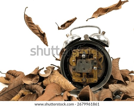 End of daylight saving time in fall, winter time changeover. Photo of an old clockwork isolated on a white background with dried leaves around it. Alarm clock machine