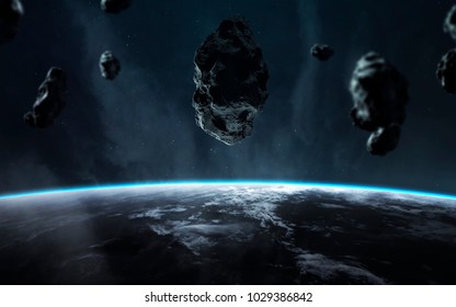 End of Earth. Apocalypse, asteroid explodes the planet. Meteorite shower. Elements of this image furnished by NASA