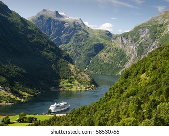 End Of The Famous Geiranger Fjord, Norway With Cruise Ship