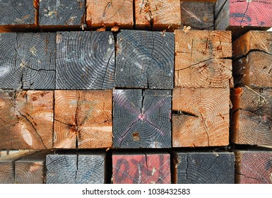 End Grain Of A Stack Of 4x4 Wooden Posts.