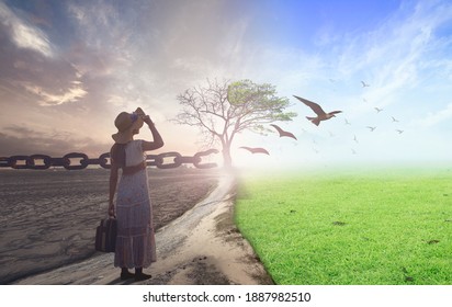 End Of Life Care Concept: Woman Standing Between Climate Worsened With Good Atmosphere And Birds Flying And Broken Chain