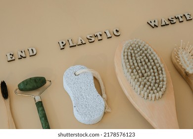 END PLASTIC WASTE Text Around Natural Skin Care Products On Neutral Beige Background, Flat Lay. Concept Of Organic, Zero Waste, Eco Friendly Cosmetics Spa Background Sustainable Lifestyle Earth Tones