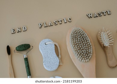 END PLASTIC WASTE Text Around Natural Skin Care Products On Neutral Beige Background, Flat Lay. Concept Of Organic, Zero Waste, Eco Friendly Cosmetics Spa Background Sustainable Lifestyle Earth Tones