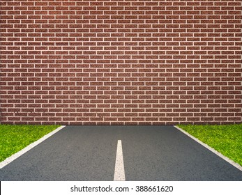 End of road concept with brick wall on highway