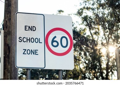 End School Zone Road Sign With Speed Limit 60 In Australia. Road Safety Concept