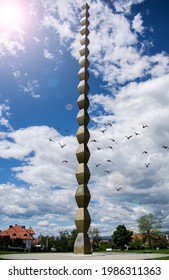 Endless Column or Infinity Column - the work of the Romanian sculptor Constantin Brancusi. Romania, Targu Jiu. July, 20, 2020