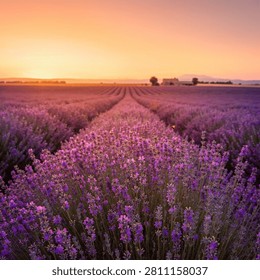 Endless rows of blooming lavender stretch toward the horizon under the warm glow of golden hour. Vibrant purple flowers create a peaceful countryside landscape bathed in soft sunset light. Ultra-realistic photorealistic nature scene with copy space, ideal for commercial stock photography, travel, agriculture, floral, wellness, and summer themes.
