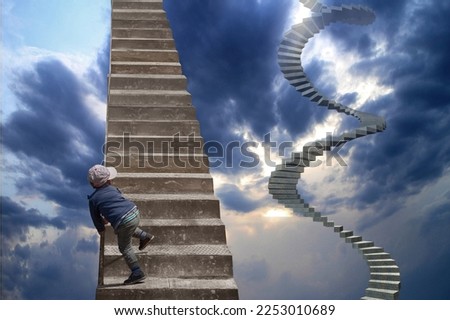 An endless spiral staircase, a child on the stairs against the background of a threatening cloud. A symbol of the beginning of life and life's difficulties. 3d rendering.