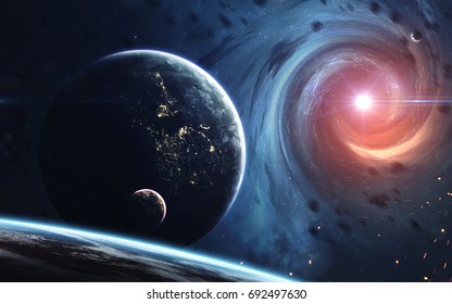 Endloses Universum, Science-Fiction-Bild, dunkler, tiefer Raum mit riesigen Planeten, heiße Sterne, Sternfelder. Unglaublich schöne kosmische Landschaft . Von der NASA bereitgestellte Elemente dieses Bildes