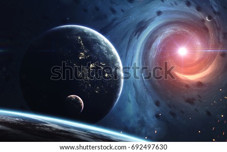 Endless universe, science fiction image, dark deep space with giant planets, hot stars, starfields. Incredibly beautiful cosmic landscape . Elements of this image furnished by NASA