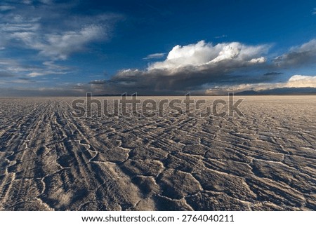 Endless White Horizon: Dramatic Storm Clouds Over Bolivia's Salar de Uyuni Salt Flat with Visible Auto Tracks