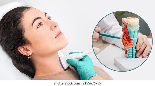 Endocrinology And Ultrasound Of Thyroid Gland. Exam Endocrine System Of Woman Patient At Medical Clinic With Ultrasonic And Check-up By Doctor