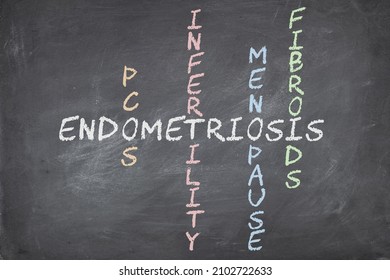 Endometriosis, PCOS, Infertility, Menopause, Fibroids Women's Reproductive Health Issues In Crossword Puzzle. Blackboard Background. 