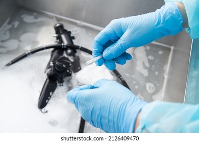 Endoscope cleaning and sterilization after performing endoscopy. Modern medical equipment.