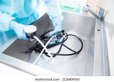 Endoscope cleaning and sterilization after performing endoscopy. Modern medical equipment.