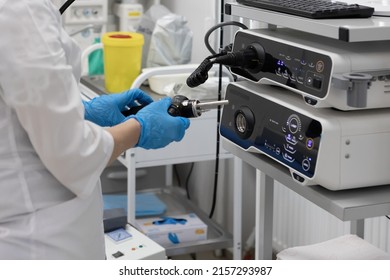 Endoscopy in the hospital. The doctor connects the endoscope before gastroscopy. Medical examination