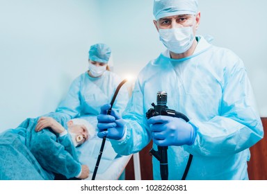 Endoscopy at the hospital. Doctor holding endoscope before gastroscopy. Medical examination