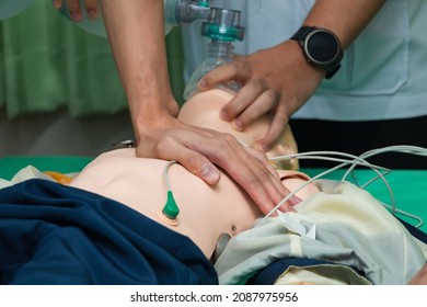 Endotracheal Intubation Of A Reanimation Training Doll. Mannequin Dummy During Medical Training To Control Of The Airway.coronavirus Infection Concept.